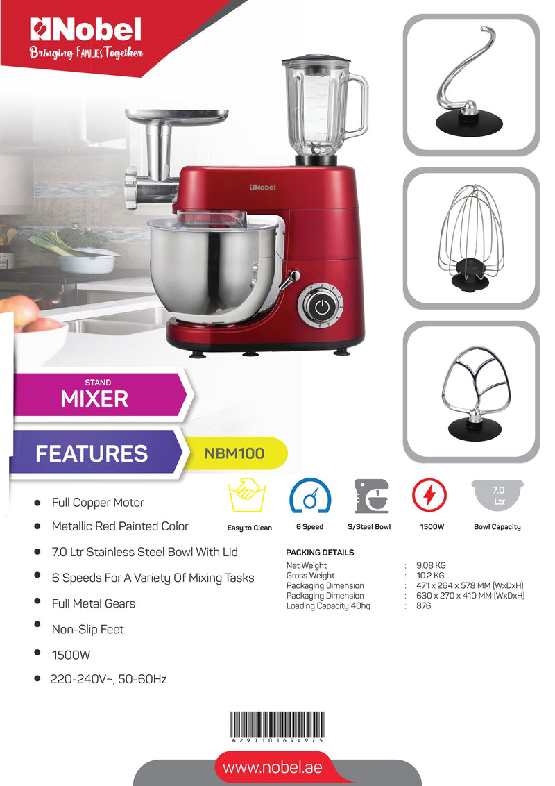 Nobel Stand Mixer With Bowl Red 1500Watt Full Metal Gear NBM100-11