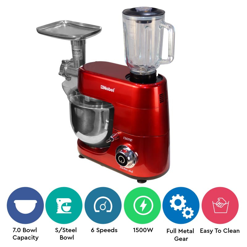 Nobel Stand Mixer With Bowl Red 1500Watt Full Metal Gear NBM100-3