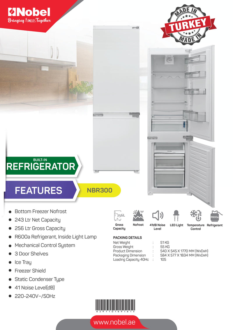 NOBEL Builtin - Refrigerators Double Door 256L White Turkey NBR300-8