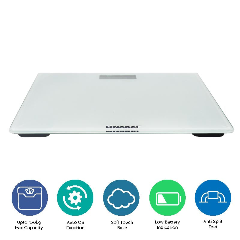 NOBEL Bathroom Scale White Tempered Glass Digital Anti Slip Feet NBS52WH