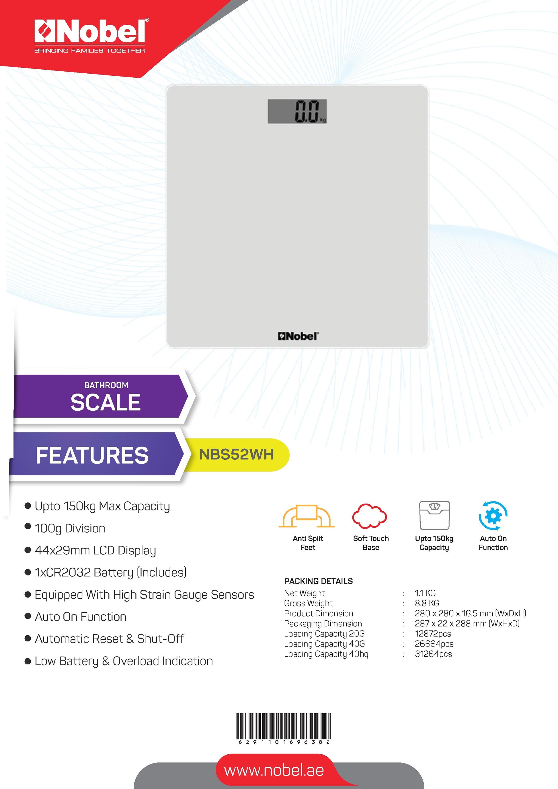 NOBEL Bathroom Scale White Tempered Glass Digital Anti Slip Feet NBS52WH-7