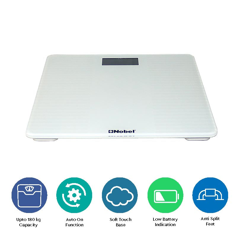 NOBEL Bathroom Scale White Tempered Glass Digital Anti Slip Feet NBS60WH