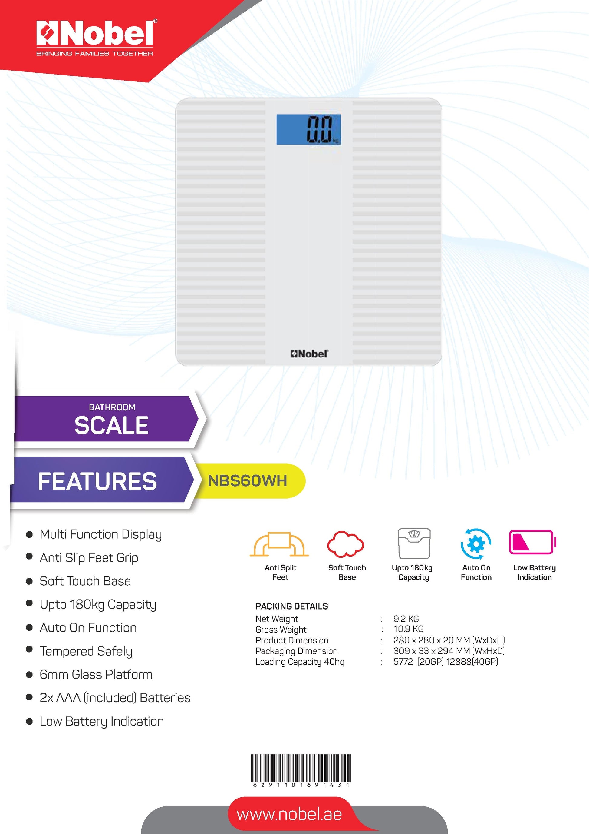 NOBEL Bathroom Scale White Tempered Glass Digital Anti Slip Feet NBS60WH-7