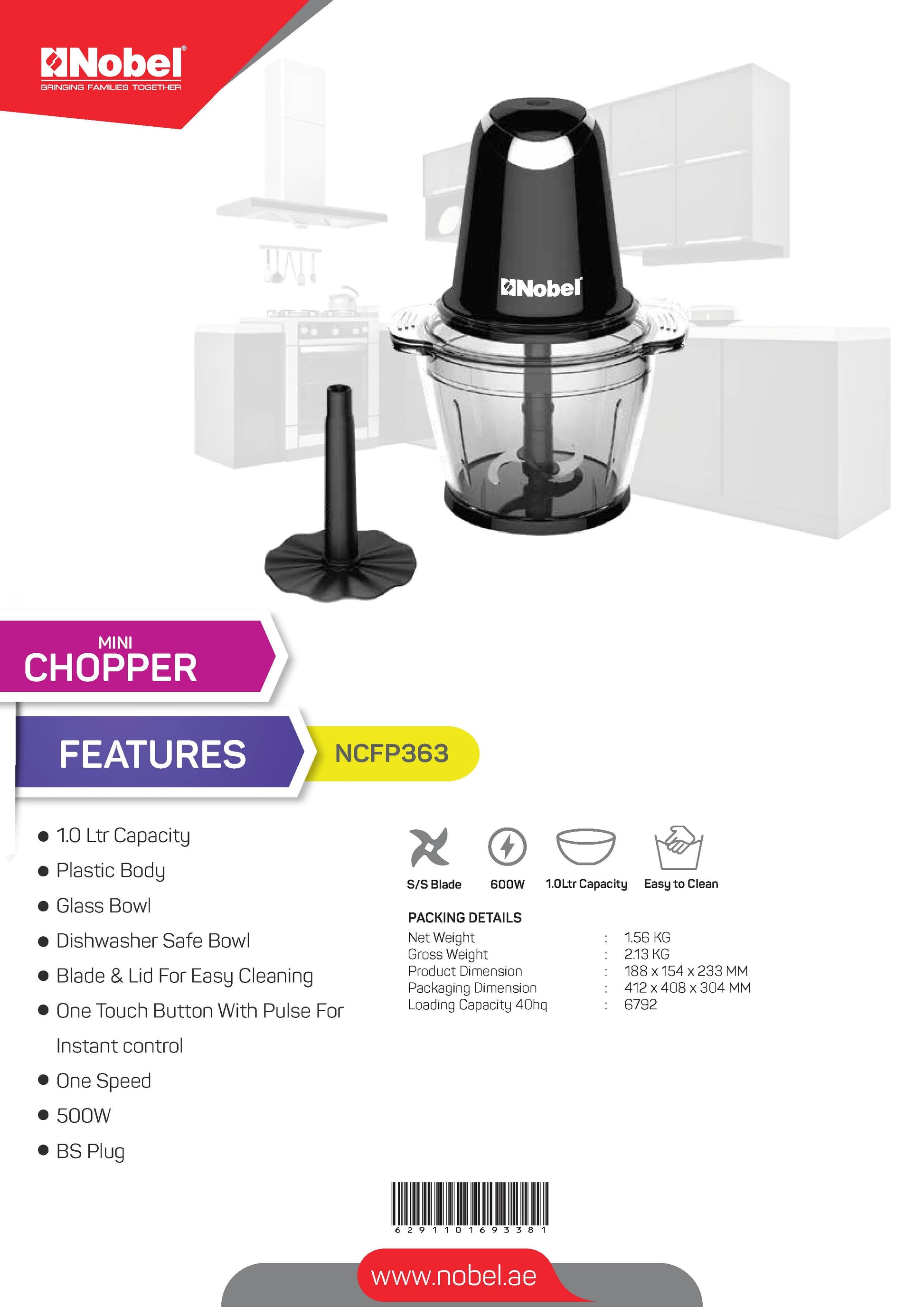 NOBEL Chopper 1 Litre Glass Bowl Plastic Body NCFP363-8