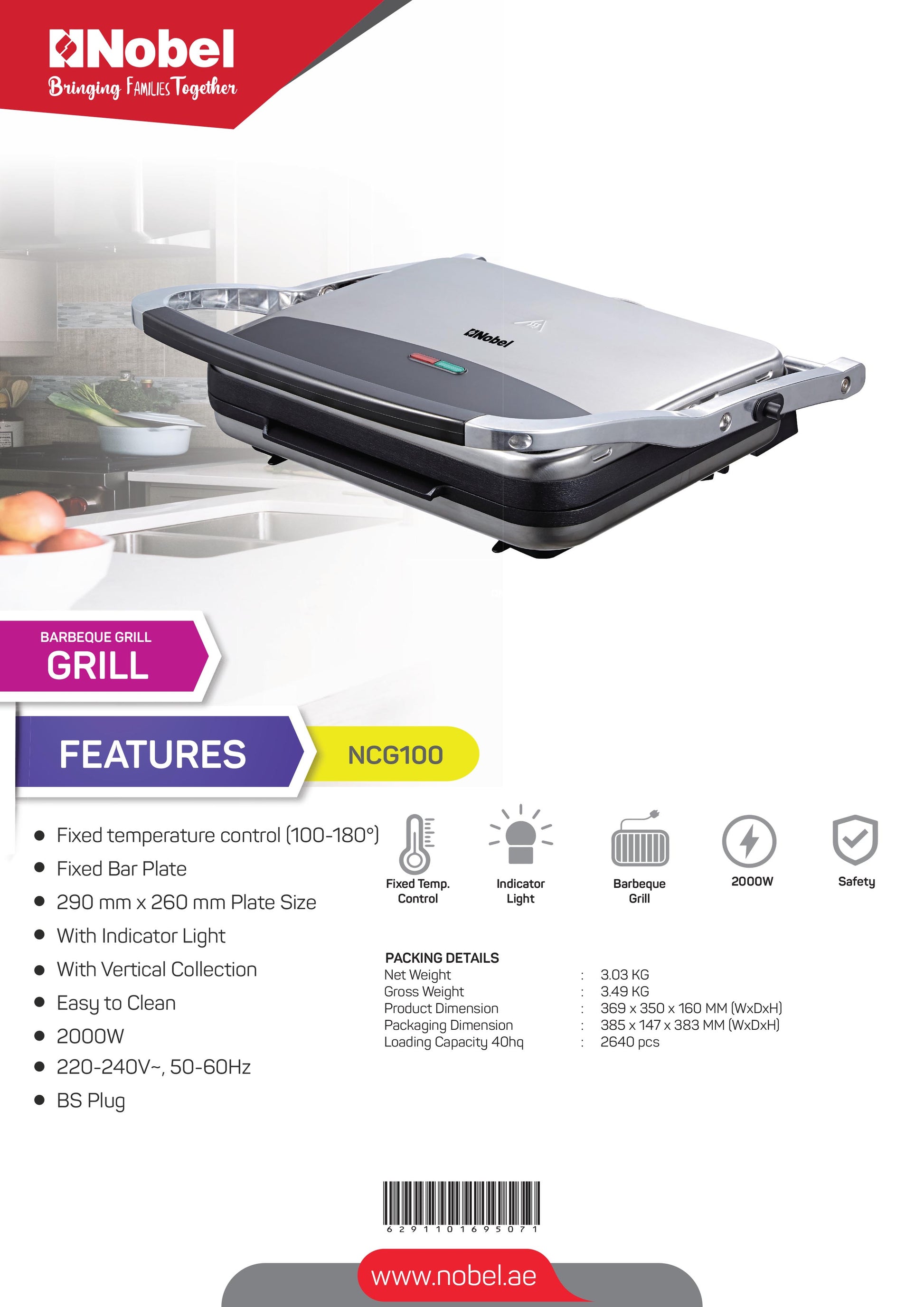 Nobel Bbq Grill Silver 2000 Watts Fixed Temperature Control With Indicator Light Auto Shutoff NCG100-13