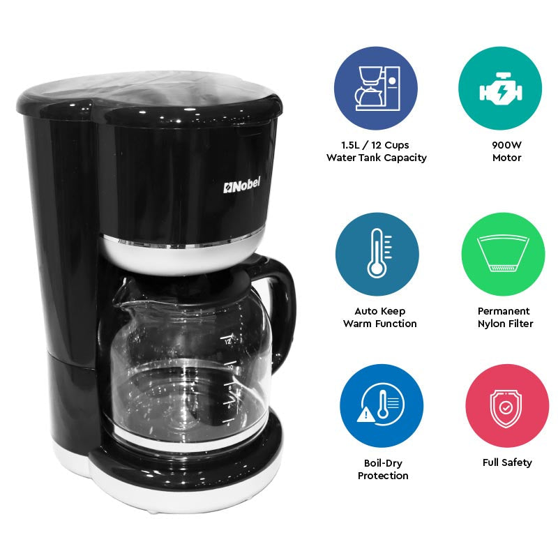 Nobel Coffee Machine Black 1.5 Litres 12 Cups Capacity NCM10-2