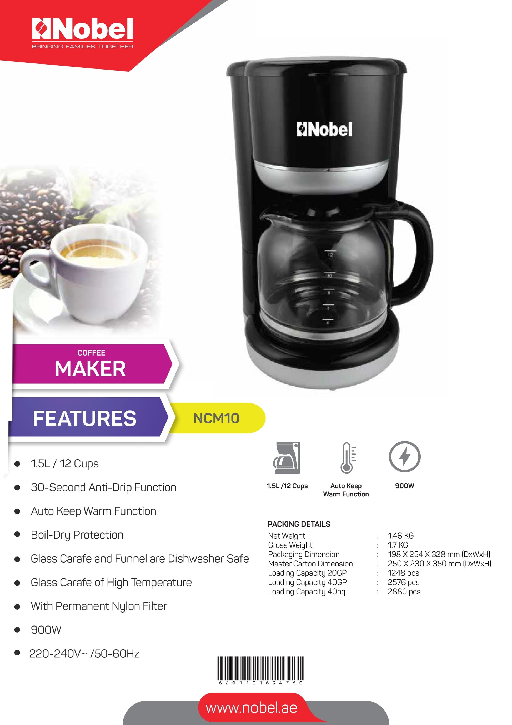 Nobel Coffee Machine Black 1.5 Litres 12 Cups Capacity NCM10-8