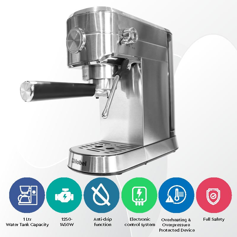 Nobel Coffee Machine with 15Bar Professional Pressure 1 L 1250 W NCM15 Silver-3