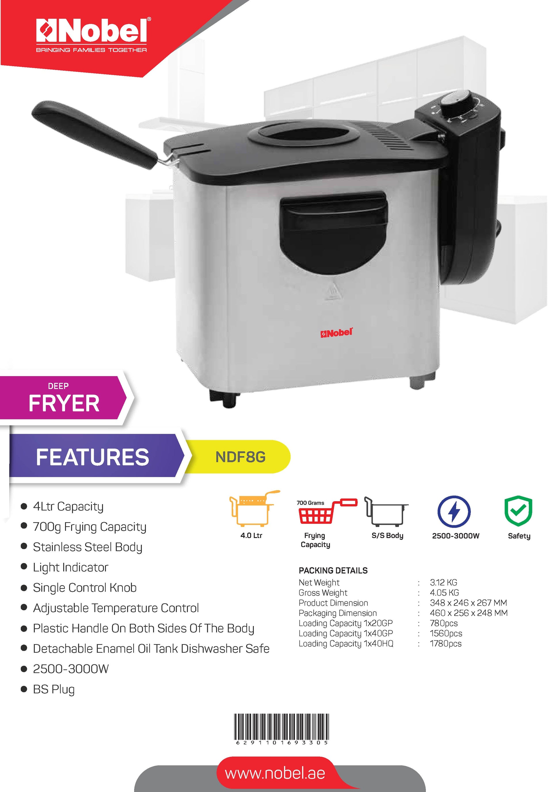 Nobel Deep Fryer 3000W 8 Ltrs Stainless Steel NDF8G-8