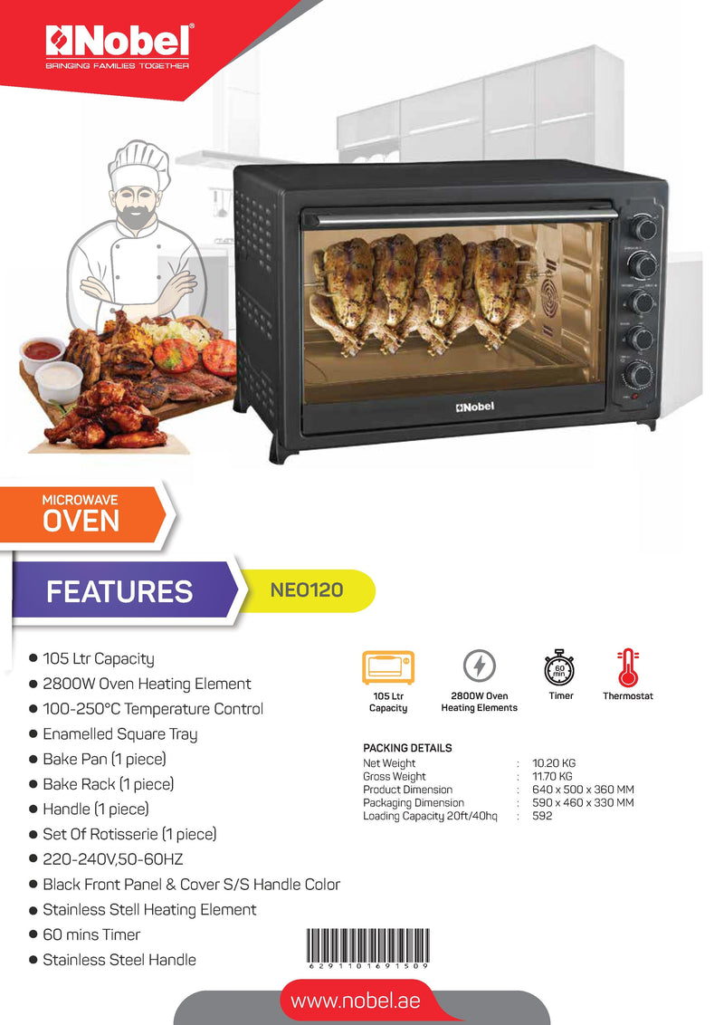 Nobel Electric Oven 105 LTR Grill Convection Rotisserie 2800 W NEO120-8