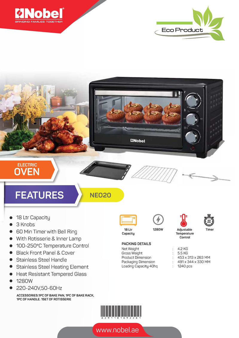 Nobel Electric Oven Black 18 Ltrs 1280W Stainless Steel Heating NEO20-8