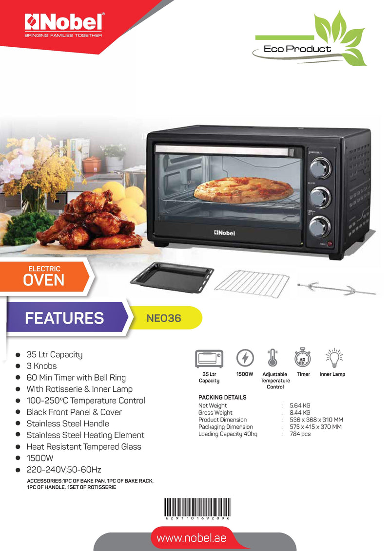 Nobel Electric Oven Black 35 Litres 1500W  NEO36-8