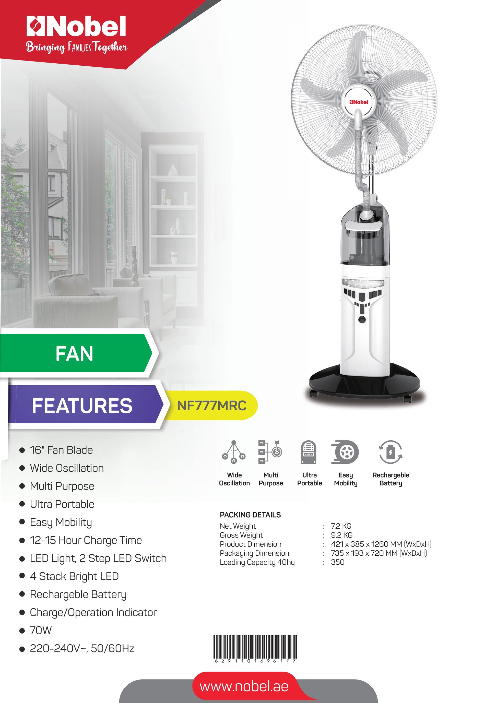 NOBEL Rechargeable Mist Fan White 16 inch Fan Blade NF777MRC-8