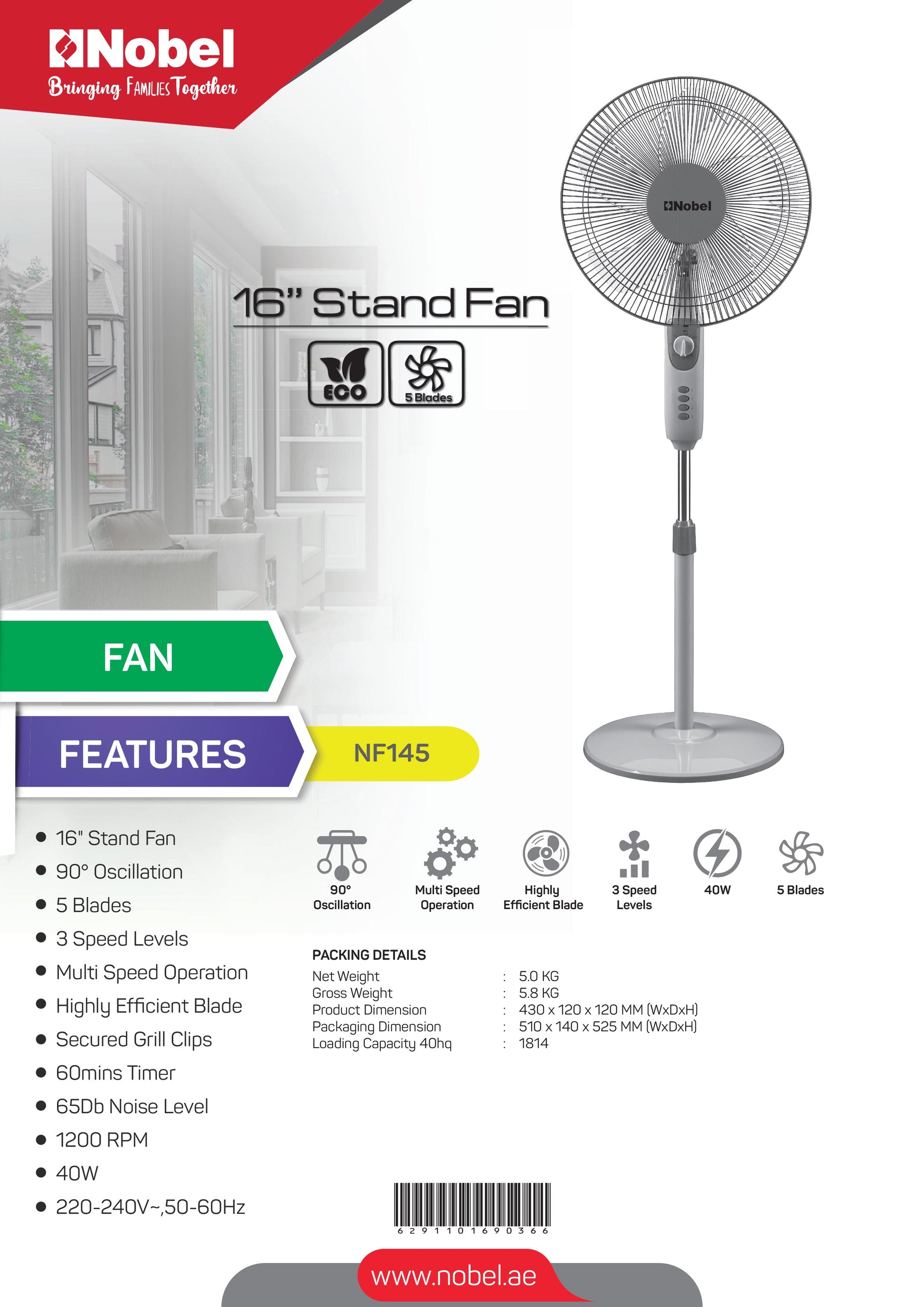 Nobel Stand Fan Black 16 Inch 3 Blades NF145-7