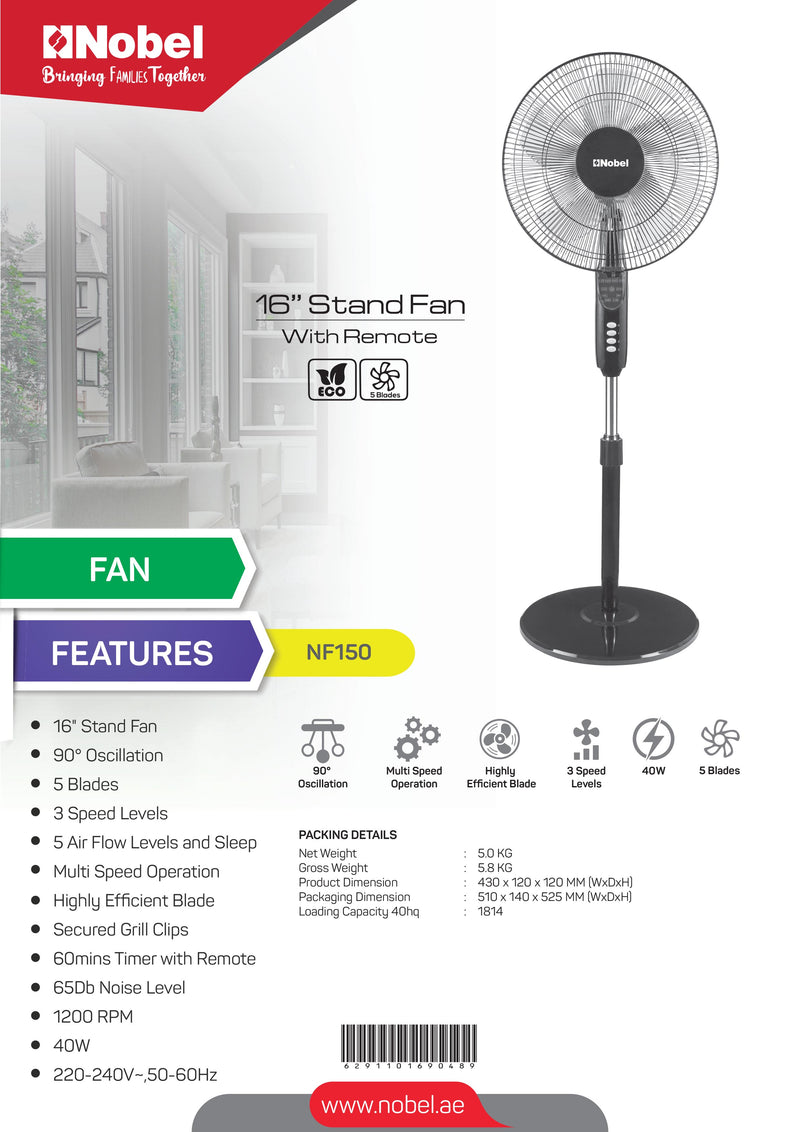 Nobel Stand Fan Black 16 Inch 5 Blades NF150-7