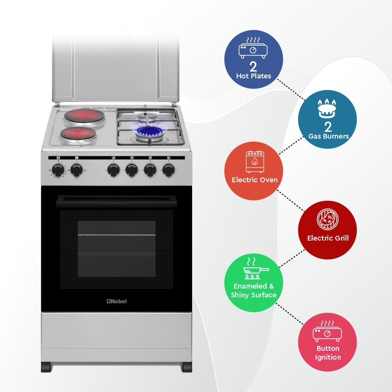 NOBEL Gas & Electric Cooker Silver 50x50 2 Gas Burners 2 Hot Plate NGC5200S-4