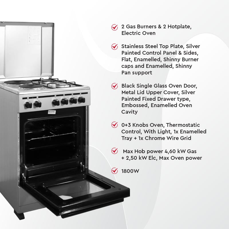 NOBEL Gas & Electric Cooker Silver 50x50 2 Gas Burners 2 Hot Plate NGC5200S-5