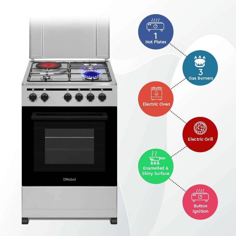 NOBEL Gas & Electric Cooker Silver 50x50 3 Gas Burners NGC5300S-9