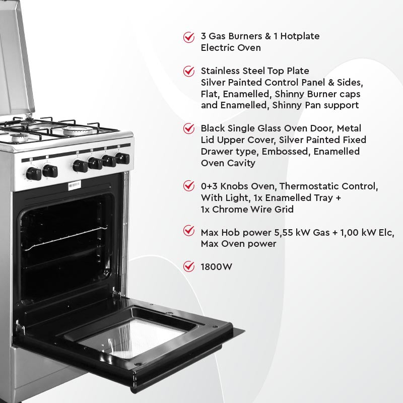 NOBEL Gas & Electric Cooker Silver 50x50 3 Gas Burners NGC5300S-3