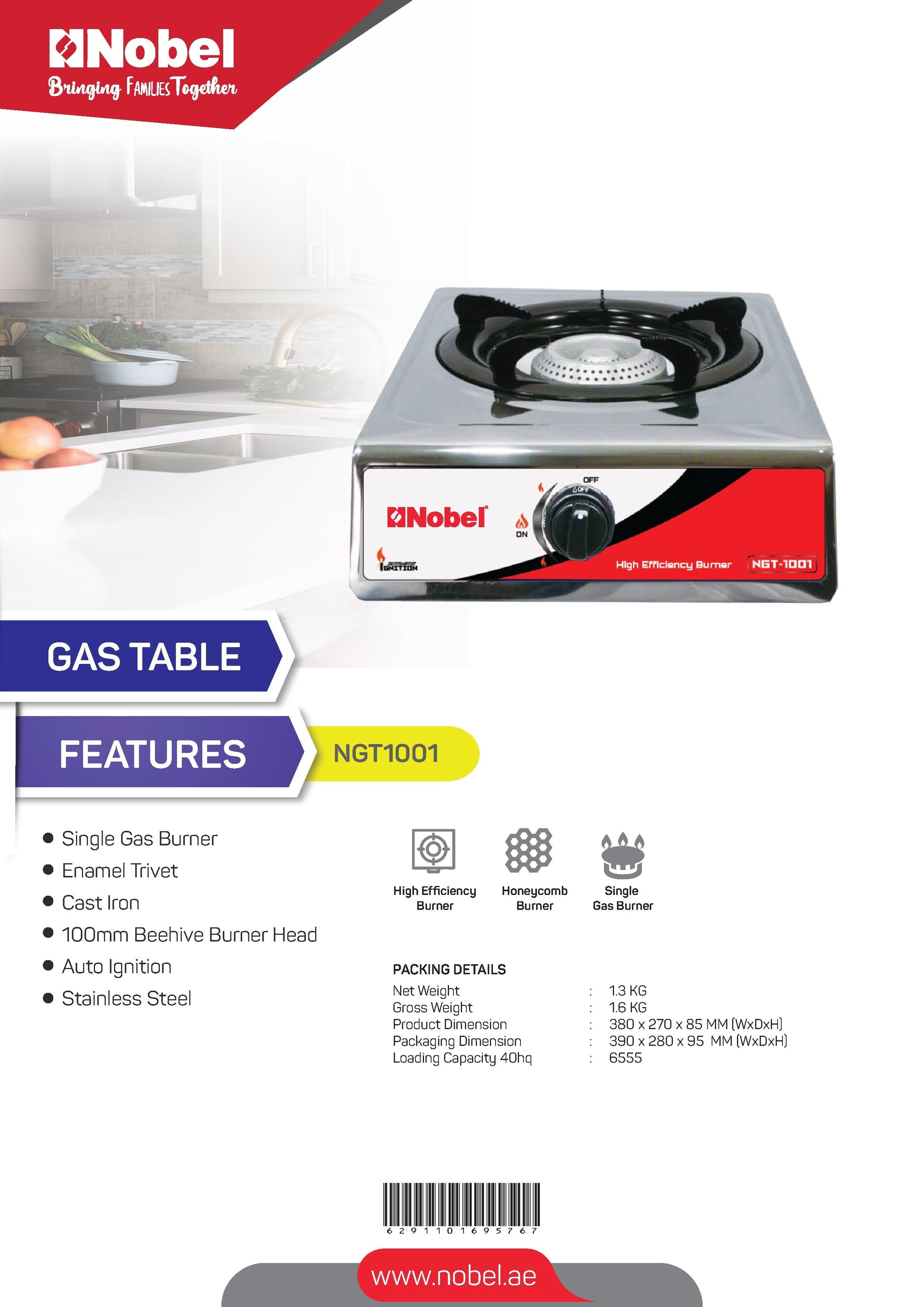 Nobel Gas Stove St. Steel Honeycomb Auto Ignition Single Burner NGT1001-7