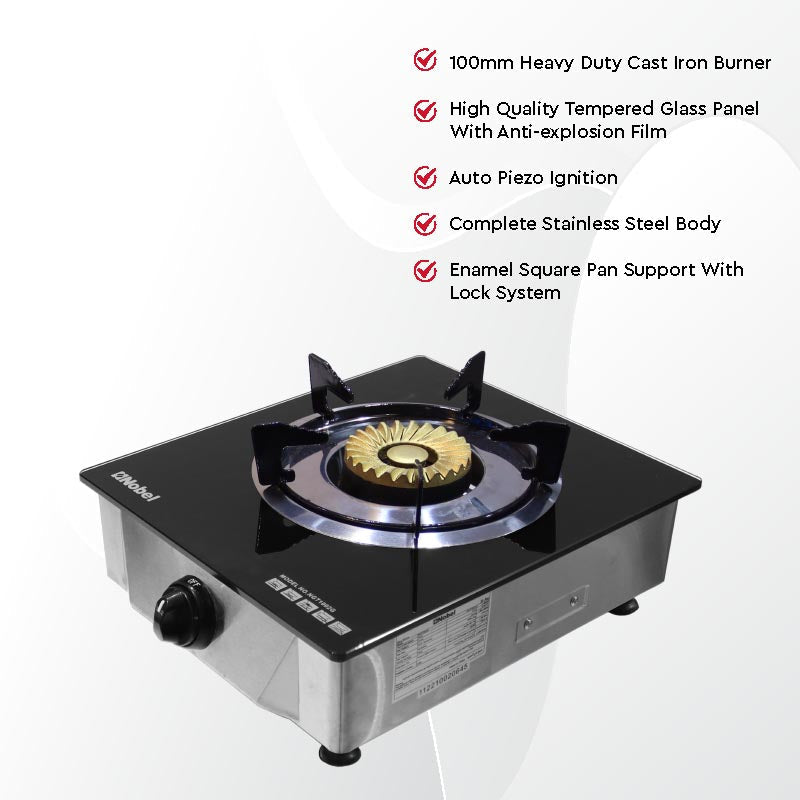 Nobel Gas Stove Black Glass Top Auto Ignition Single Burner NGT1002G-4