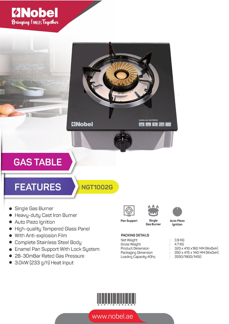 Nobel Gas Stove Black Glass Top Auto Ignition Single Burner NGT1002G-10