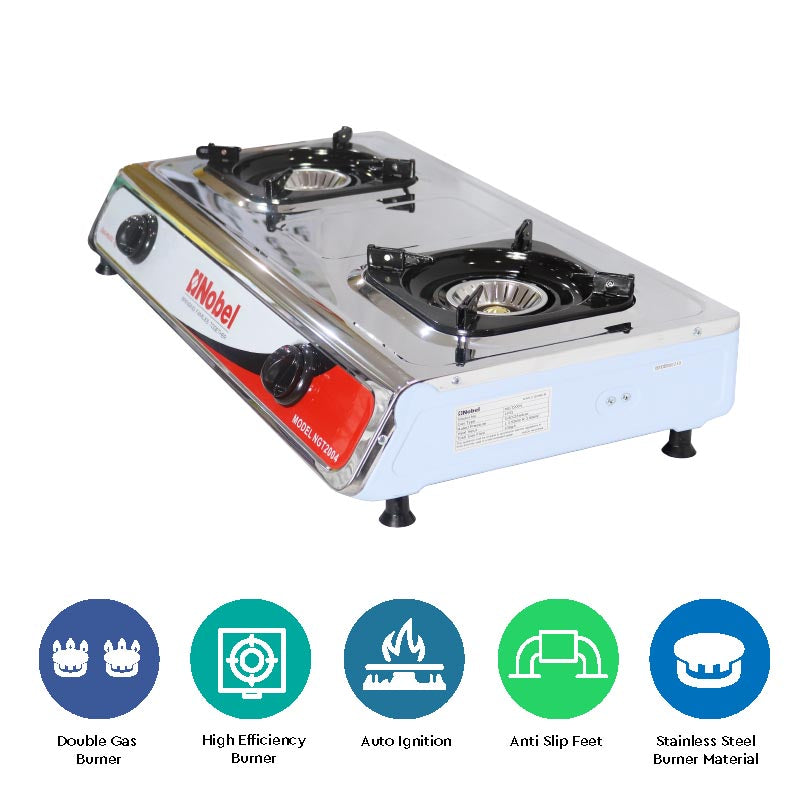 Nobel Gas Stove Stainless Steel Brass Auto Ignition Double Burner NGT2004-2