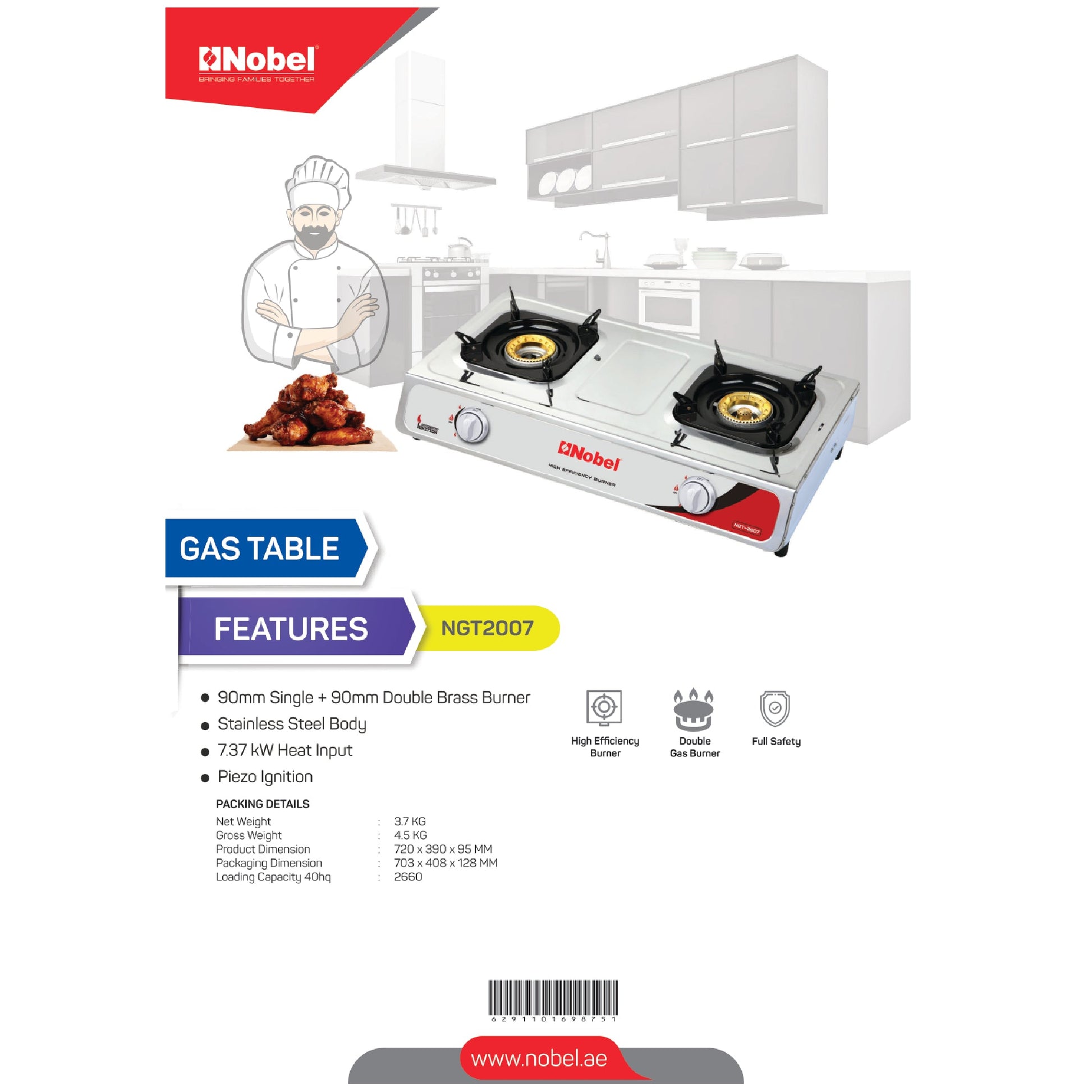 Nobel Gas Stove 2 Heating Elements ST. Steel NGT2007-4