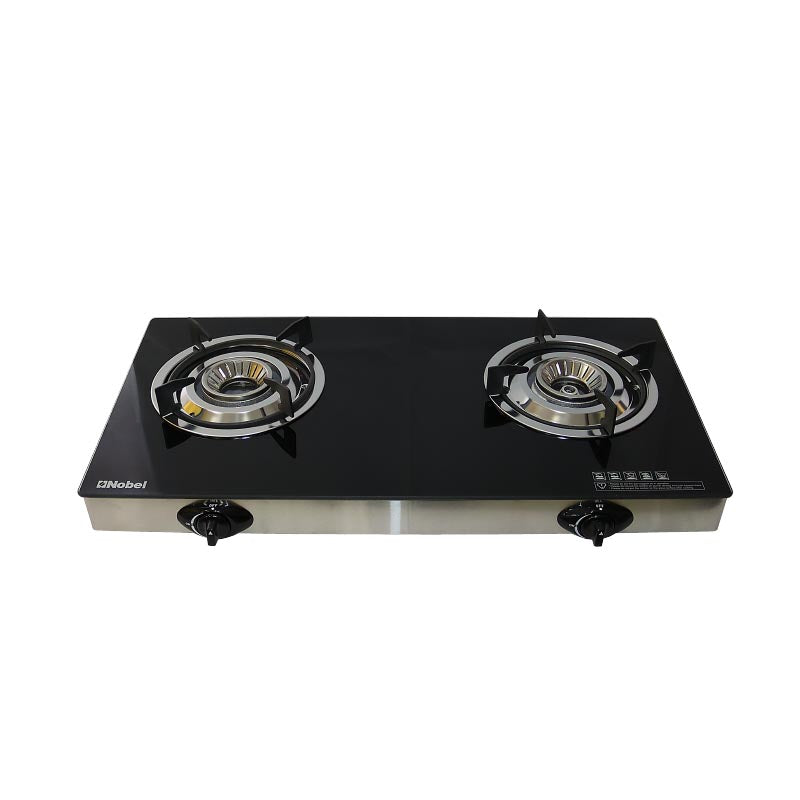 NOBEL Gas Stove Glass Black Brass Glass Top Auto Ignition Double Burner NGT2111-1