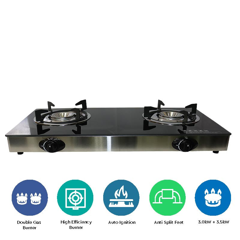 NOBEL Gas Stove Glass Black Brass Glass Top Auto Ignition Double Burner NGT2111-2
