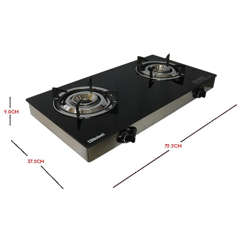 NOBEL Gas Stove Glass Black Brass Glass Top Auto Ignition Double Burner NGT2111-3