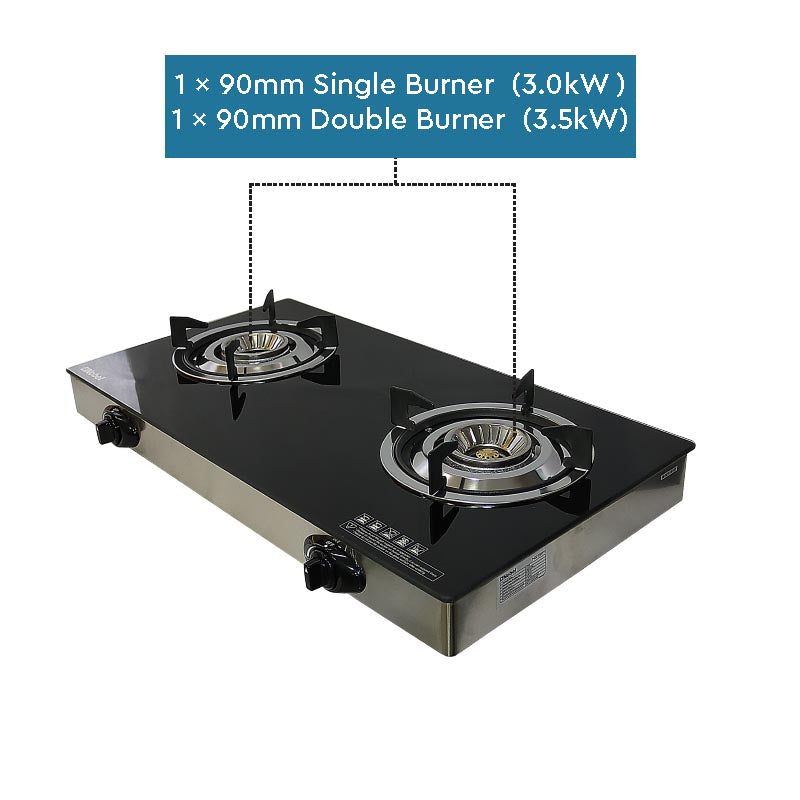 NOBEL Gas Stove Glass Black Brass Glass Top Auto Ignition Double Burner NGT2111-4