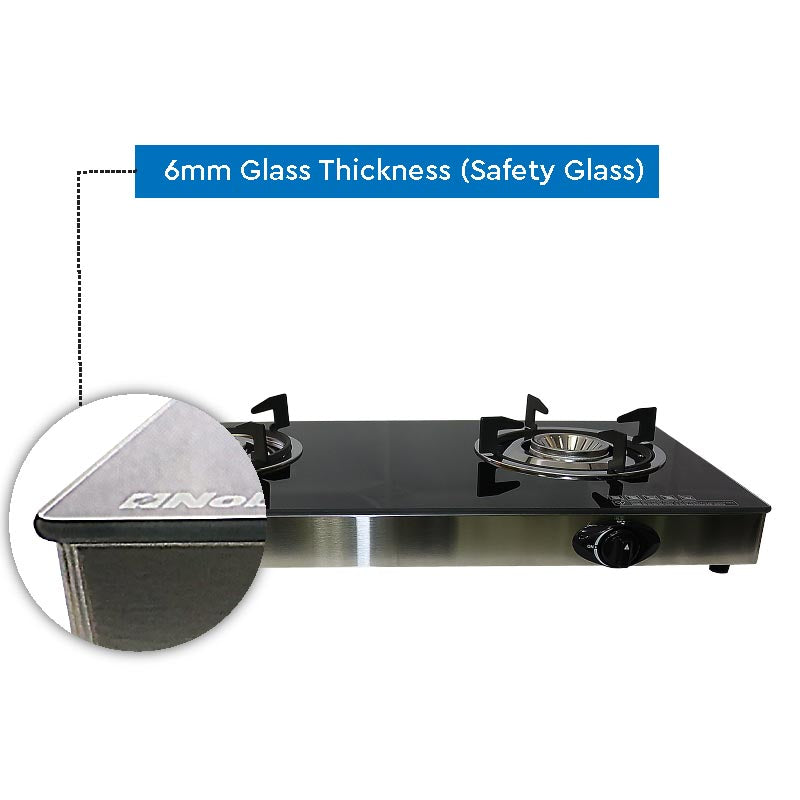 NOBEL Gas Stove Glass Black Brass Glass Top Auto Ignition Double Burner NGT2111-5