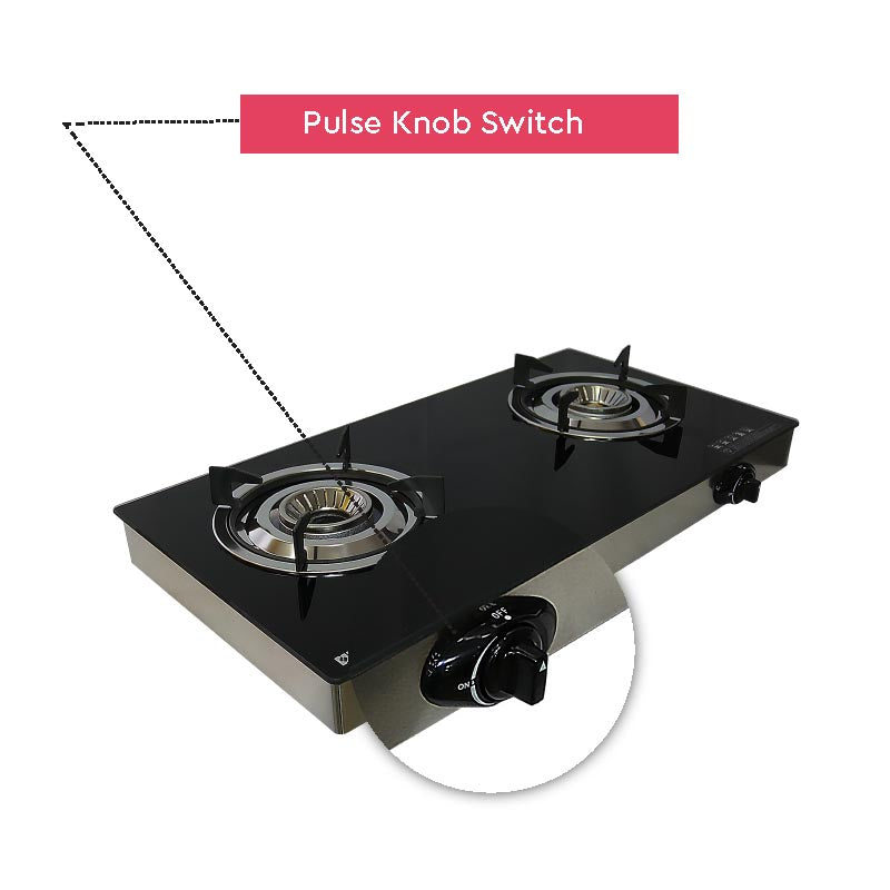 NOBEL Gas Stove Glass Black Brass Glass Top Auto Ignition Double Burner NGT2111-6