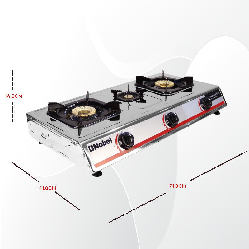 Nobel Gas Stove Stainless Steel Brass Glass Top Auto Ignition Tripple Burner NGT3001-4