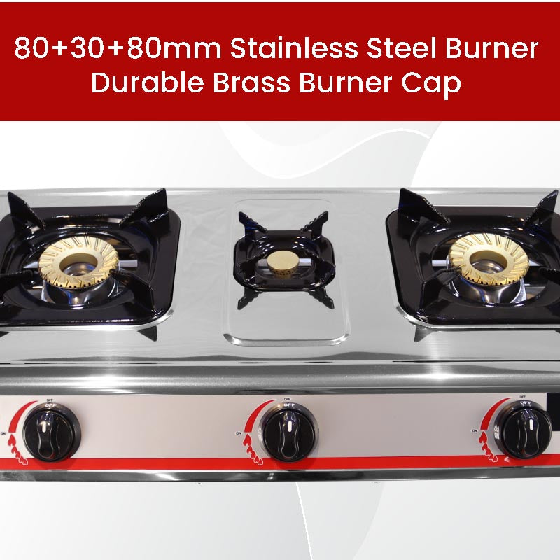 Nobel Gas Stove Stainless Steel Brass Glass Top Auto Ignition Tripple Burner NGT3001-7