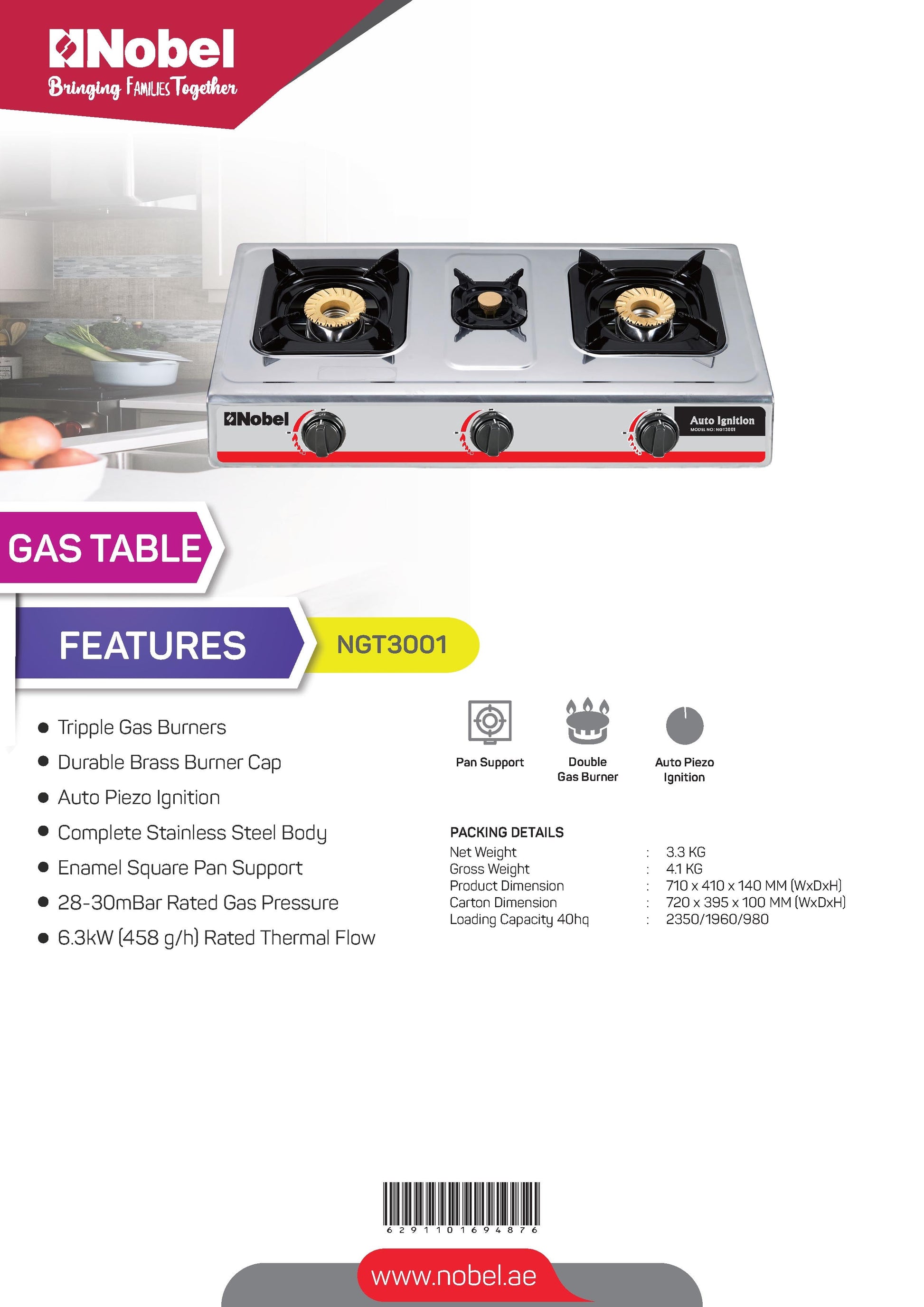 Nobel Gas Stove Stainless Steel Brass Glass Top Auto Ignition Tripple Burner NGT3001-10