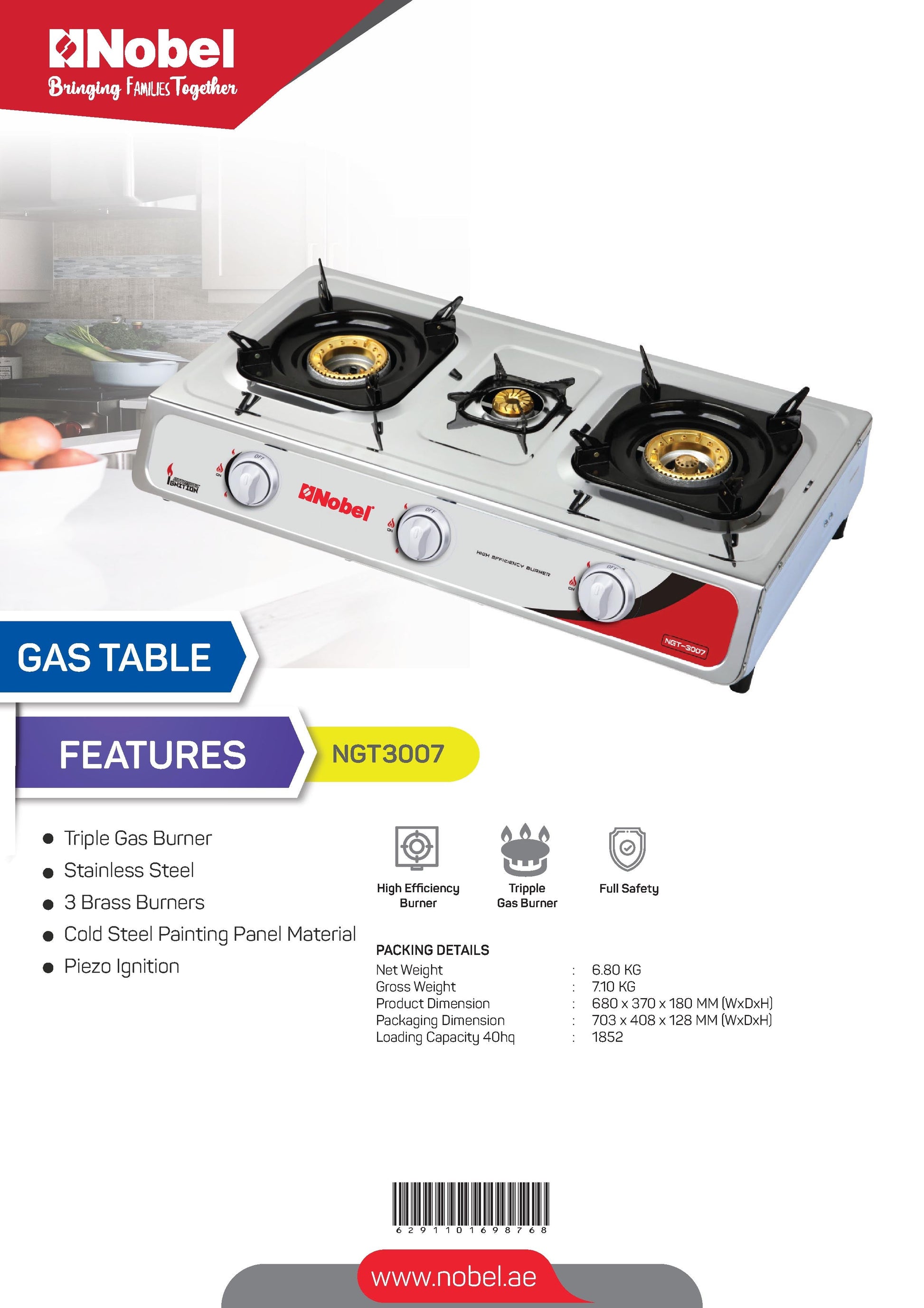 Nobel Gas Stove 3 Heating Elements St. Steel NGT3007-7