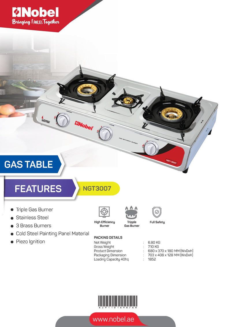 Nobel Gas Stove 3 Heating Elements St. Steel NGT3007-7