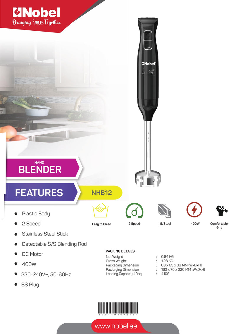 NOBEL Hand Blender 400W 2 Speed Black 250W NHB12-8