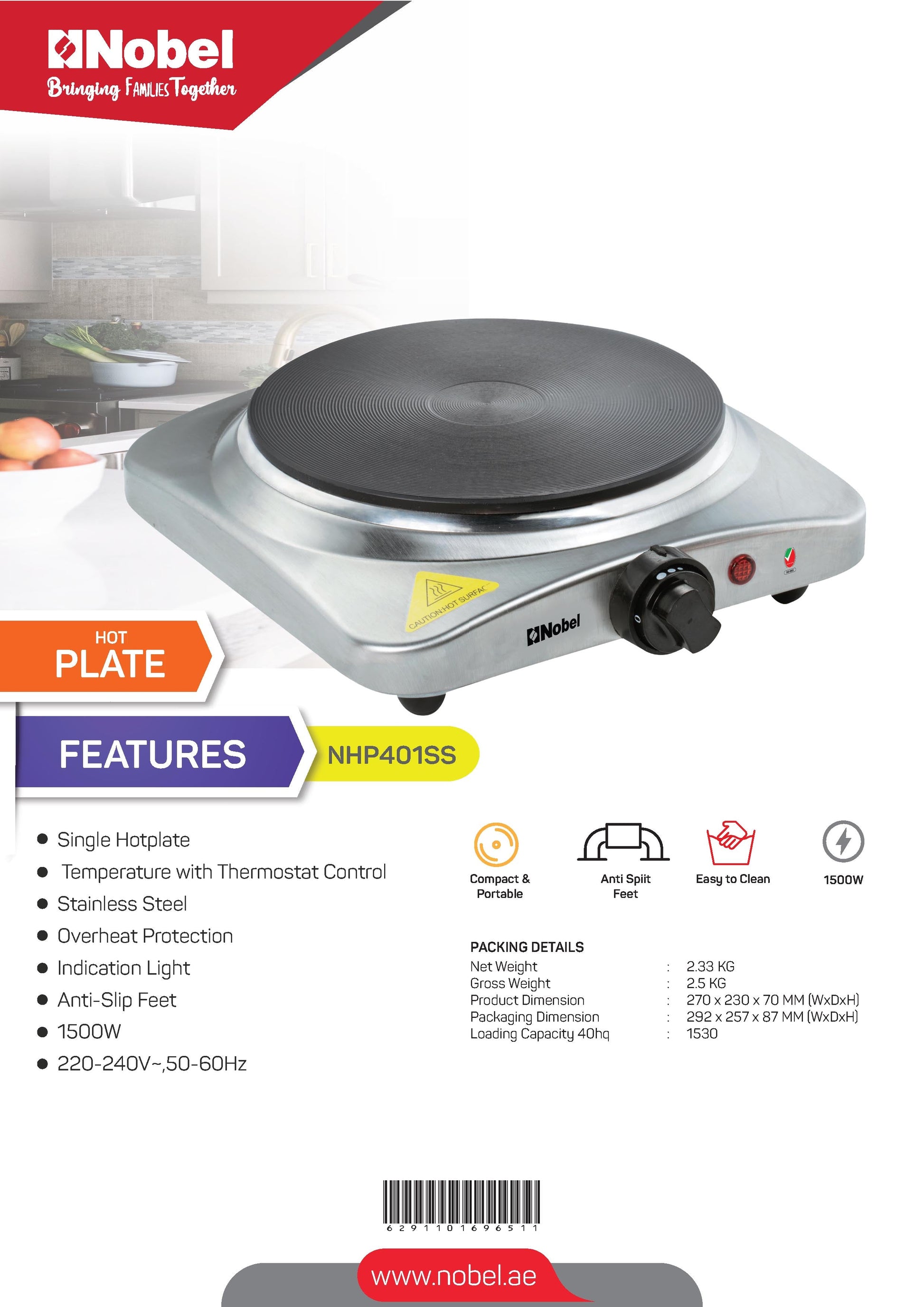 Nobel Portable Hot Plate 1000W White Color NHP401SS-8