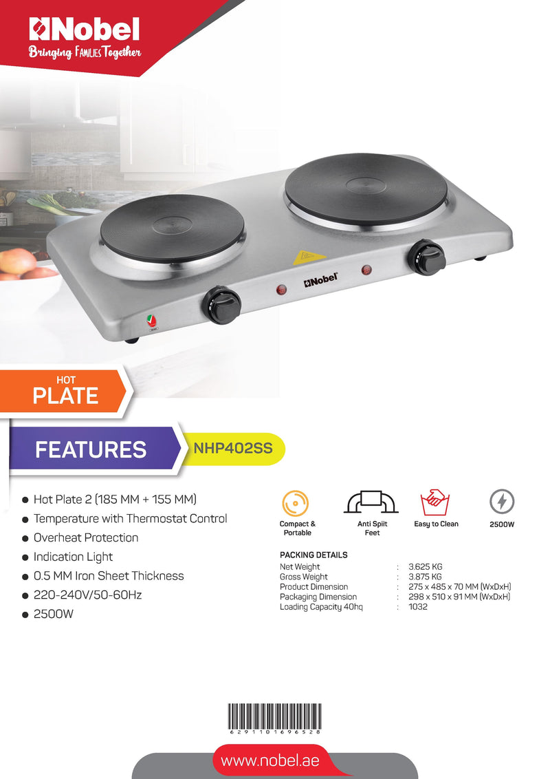 Nobel Hot Plate 2500W Double Silver Color NHP402SS-8