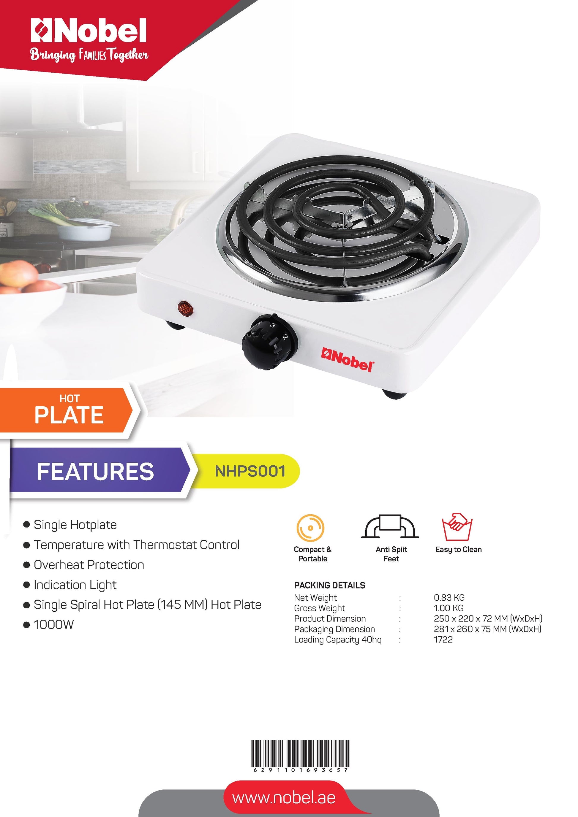 Nobel Spiral Hot Plate 1000W 5KG Silver Color NHPS001-8
