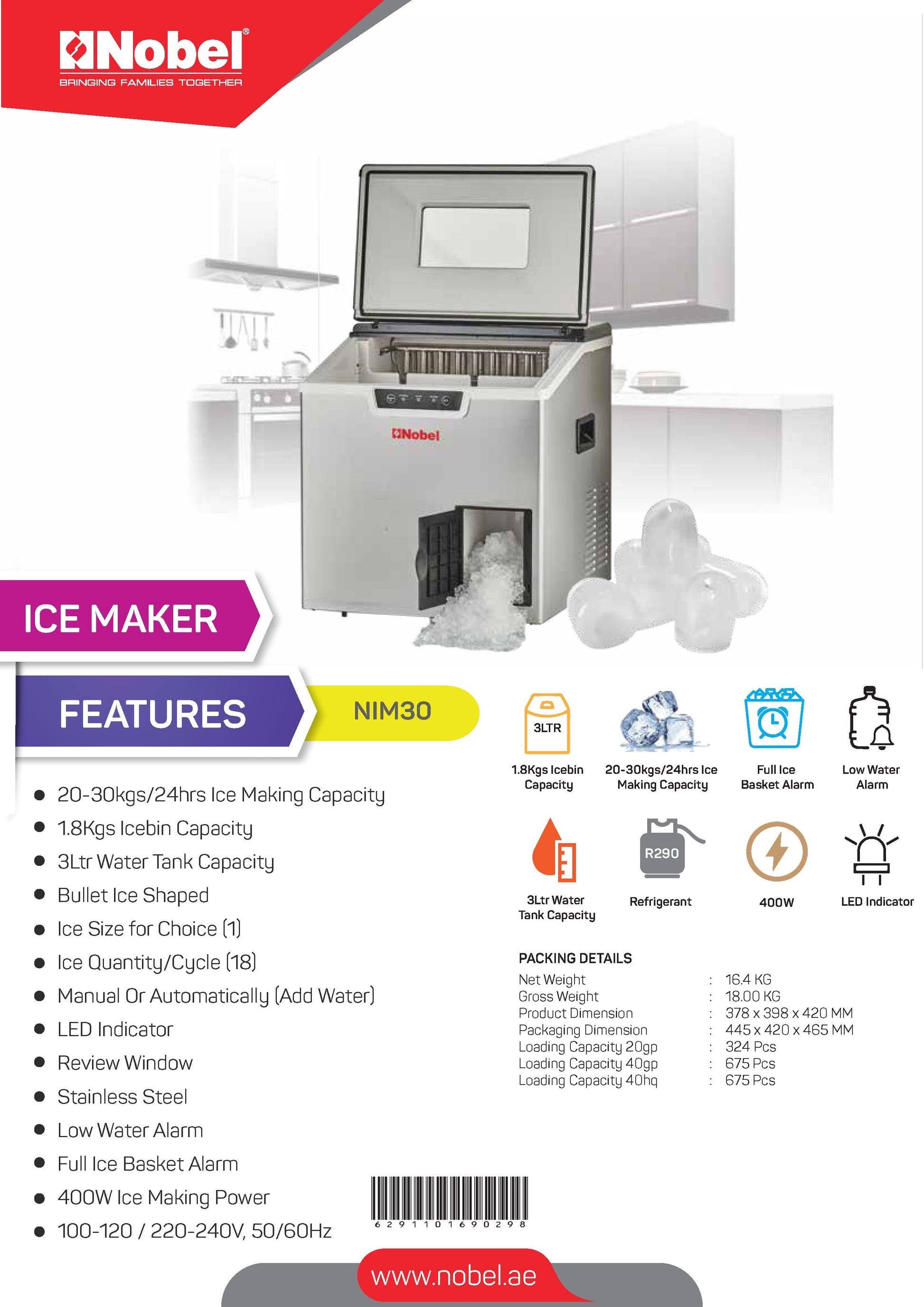 Nobel Ice Cube Maker Silver 20-30Kg 3L Water Tank Capacity NIM30-8