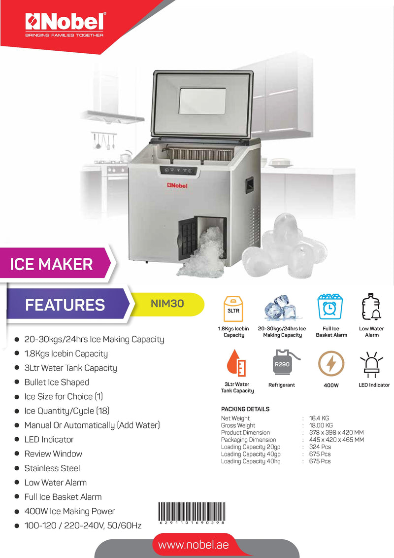 Nobel Ice Cube Maker Silver 20-30Kg 3L Water Tank Capacity NIM30-8