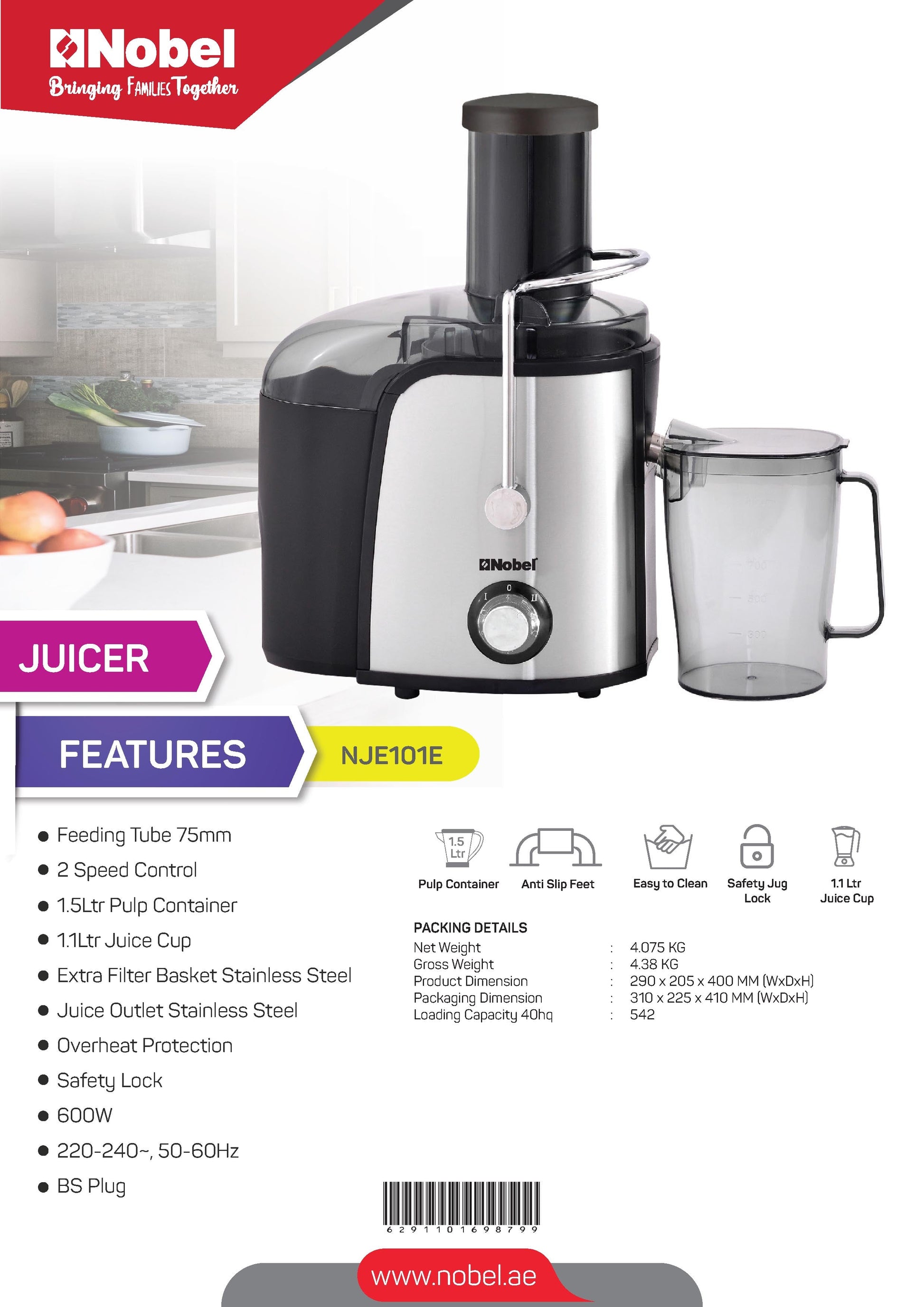Nobel Juicer Stainless Steel 1.5 Litre White/Clear NJE101E-8