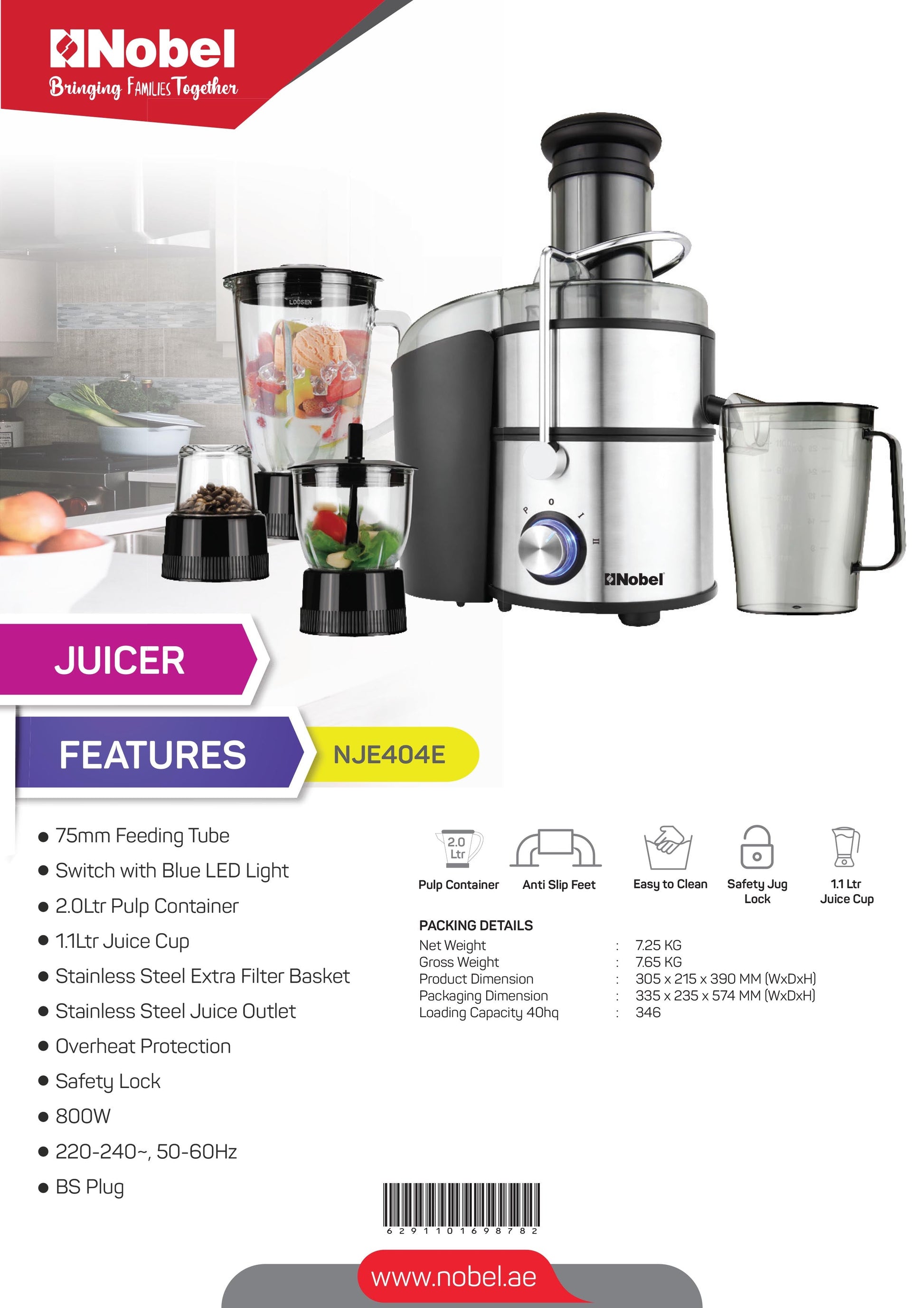 Nobel Juicer Stainless Steel 2 Litre 800W Silver Color NJE404E-8