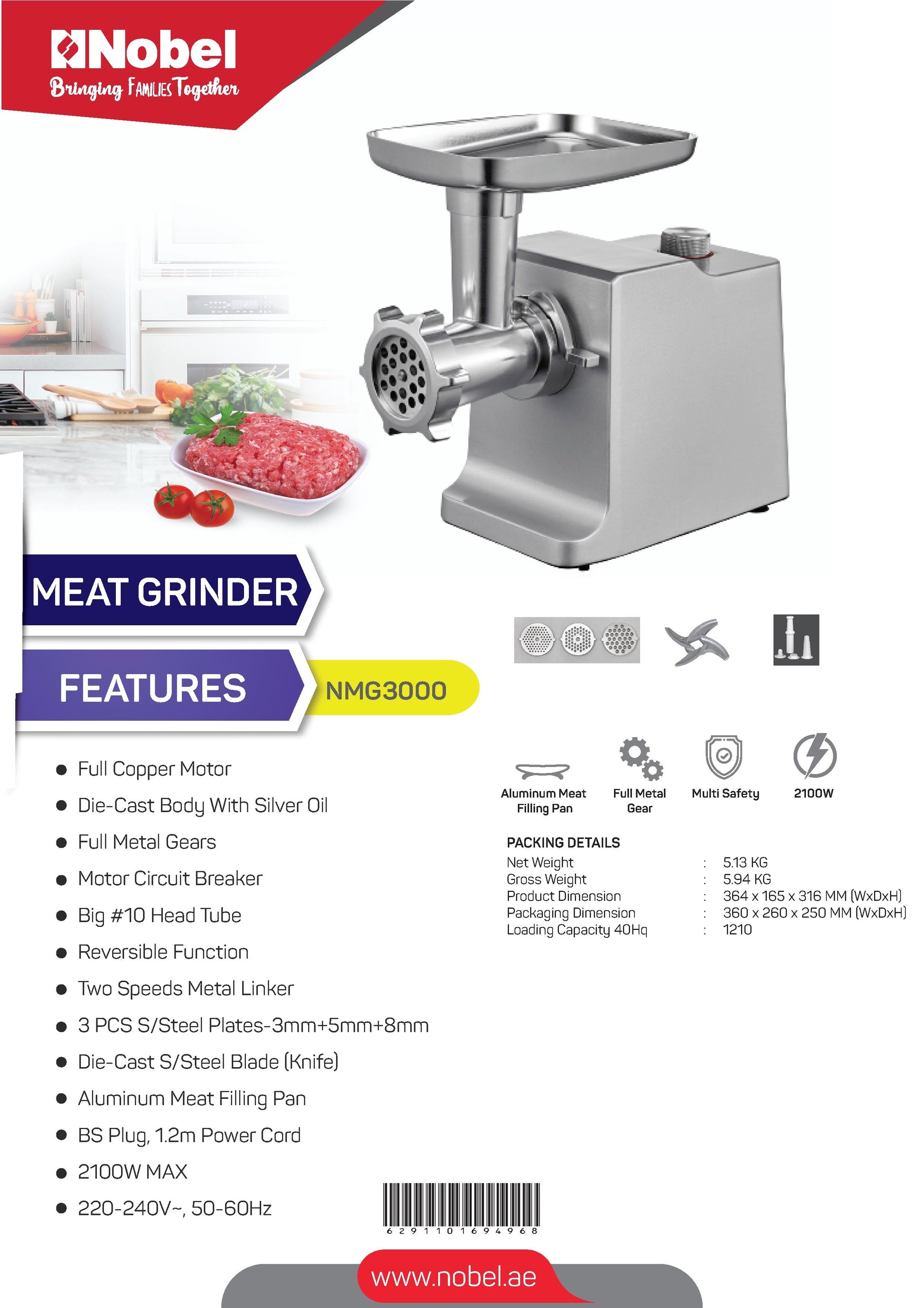 Nobel Meat Grinder Silver 2100W 2 Speed + Reverse Function  NMG3000-8