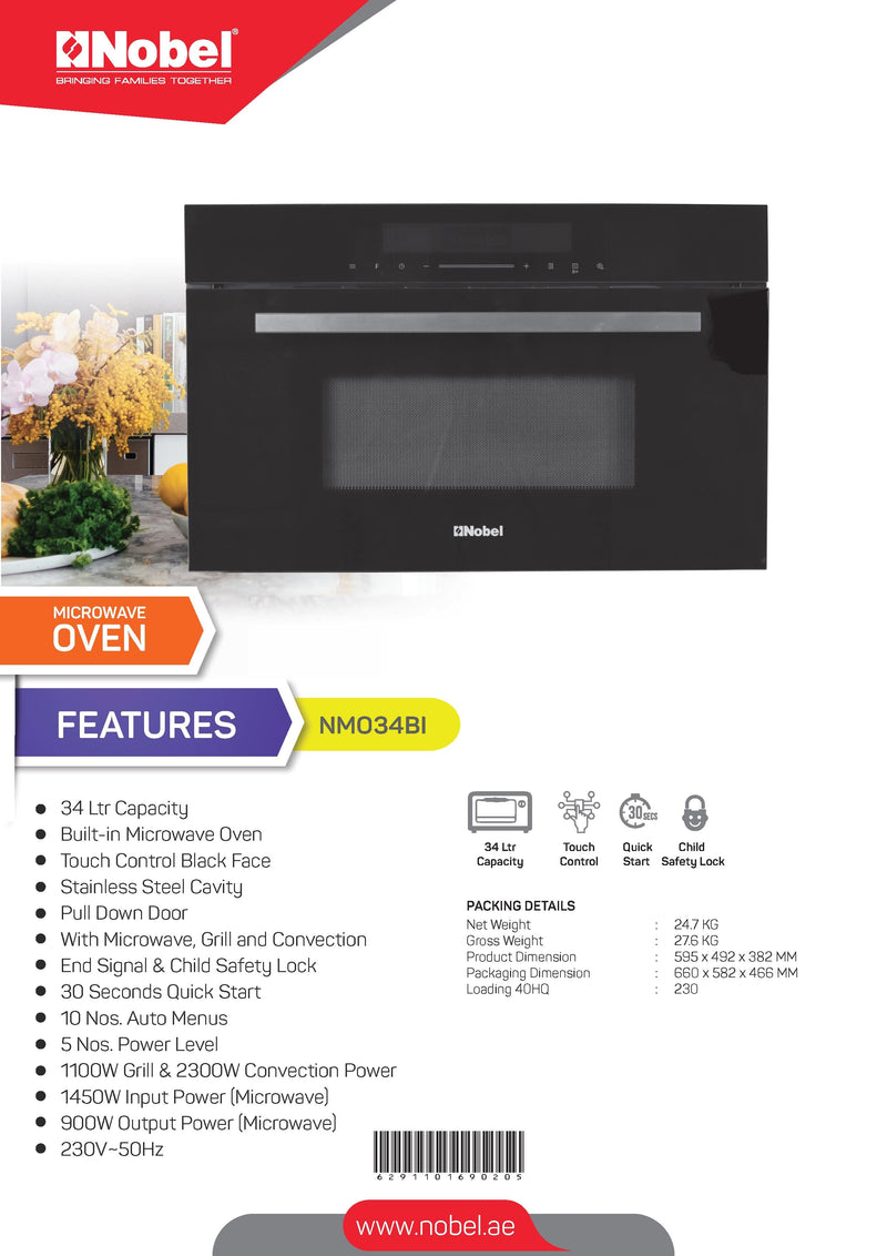 NOBEL Builtin - Microwave Oven Black 34 Ltr Grill Convection Touch Control NMO34BI-9