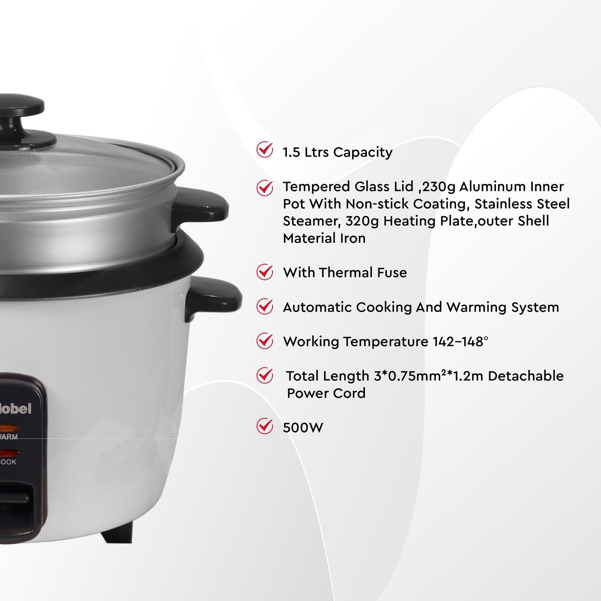 Nobel Rice Cooker 1.5 Ltrs 500W NRC150 White-8